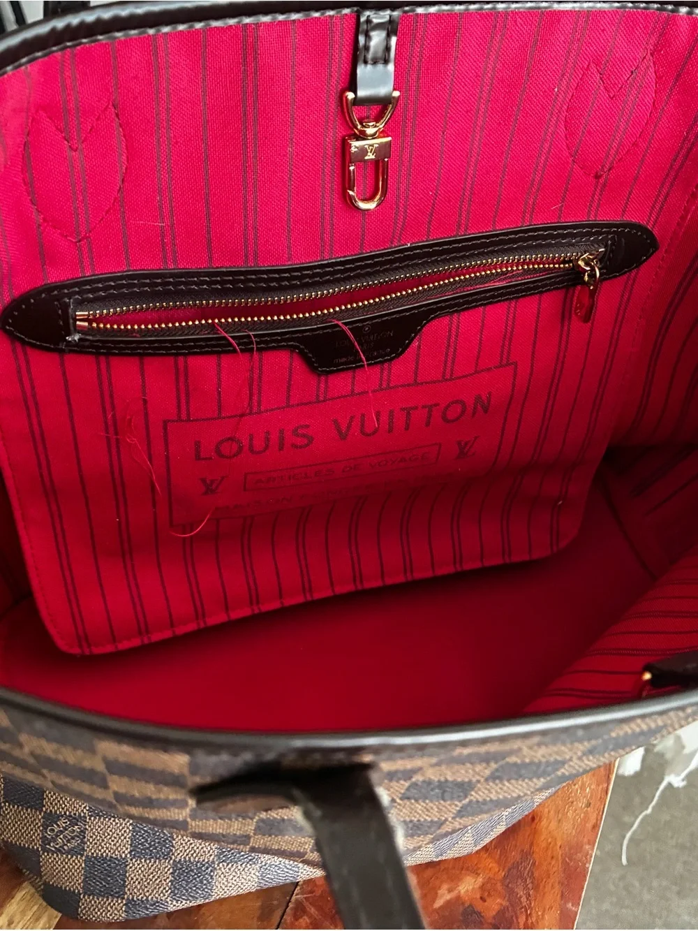 Louis Vuitton Brown Checkered Tote with Red Interior